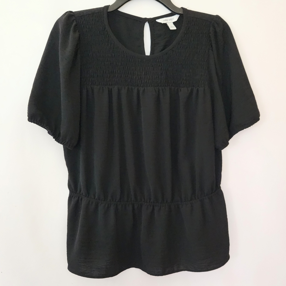 Nine West Black Smocked Peplum Top with Puff Sleeves womens size Large
